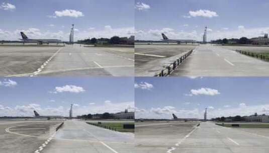 蓝天白云下飞机场跑道停机坪摆渡车上高清在线视频素材下载