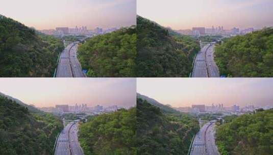 深圳龙华区城郊道路交通枢纽夕阳下航拍高清在线视频素材下载