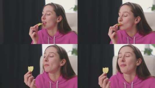 吃薯片的女人高清在线视频素材下载