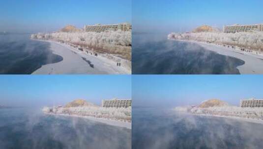 全景看吉林松花江及雾凇高清在线视频素材下载