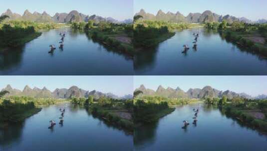 航拍桂林漓江景区遇龙河行驶在江面竹筏高清在线视频素材下载