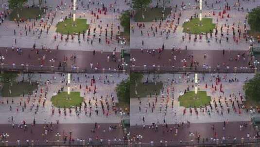 航拍城市夜晚公园跳广场舞运动健身的人群高清在线视频素材下载