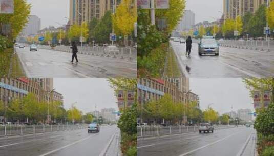 城市秋天伤感下雨街道行人拦出租车高清在线视频素材下载