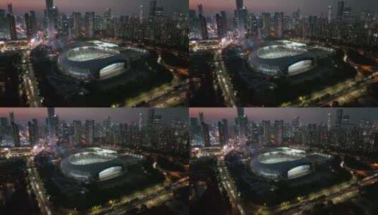 4k深圳湾体育中心航拍夜景高清在线视频素材下载