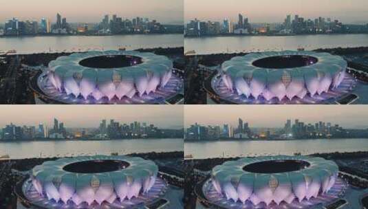 杭州奥体中心灯光秀航拍高清在线视频素材下载
