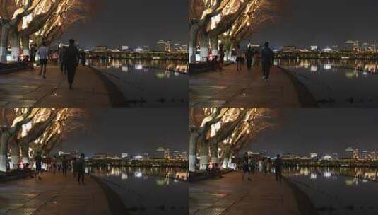 夜晚杭州西湖边的行人高清在线视频素材下载