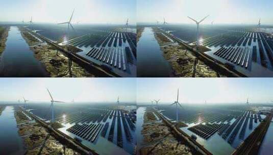 航拍新能源太阳能与风能发电组合高清在线视频素材下载