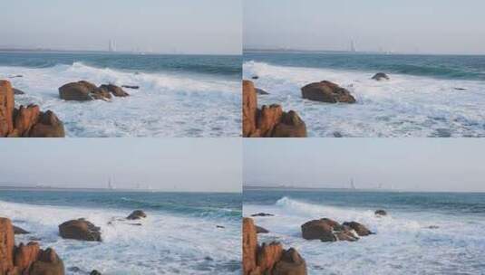 大海边海浪拍打礁石升格慢镜头高清在线视频素材下载