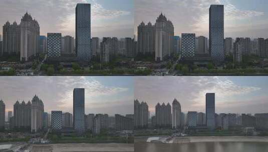 武汉武昌江滩清晨航拍高清在线视频素材下载