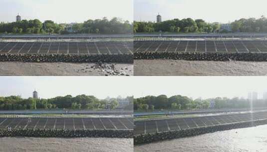 长江河堤礁石护水墙江浪水4K航拍原素材高清在线视频素材下载