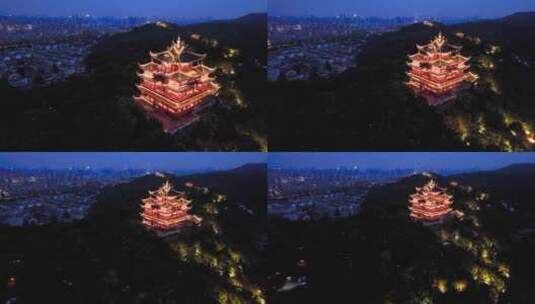 航拍杭州吴山城隍阁建筑夜景视频高清在线视频素材下载