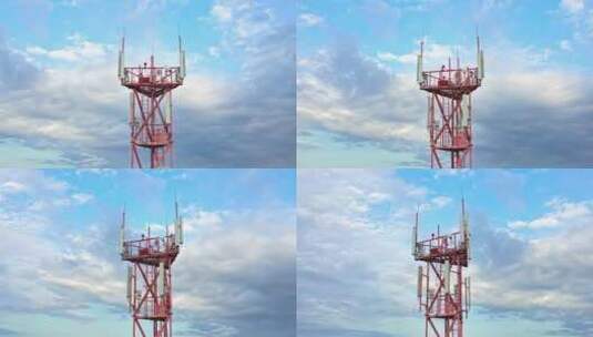 蓝天下电信塔上的电信技术天线高清在线视频素材下载