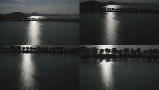 航拍武汉东湖绿岛剪影高清在线视频素材下载