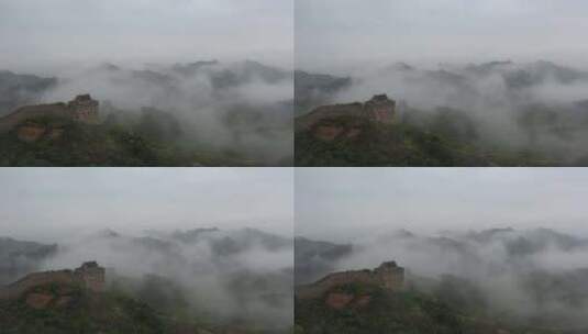 航拍雨后金山岭长城的云雾高清在线视频素材下载