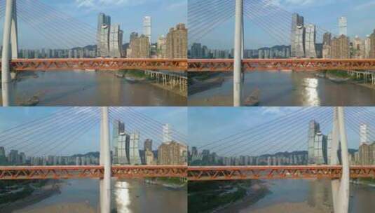 重庆千厮门大桥地铁穿桥 来福士大厦航拍高清在线视频素材下载