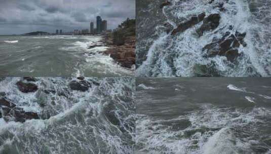 航拍威海市高新区国际海水浴场沿岸礁石海浪高清在线视频素材下载