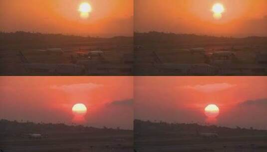 机场飞机起飞迎着太阳高清在线视频素材下载