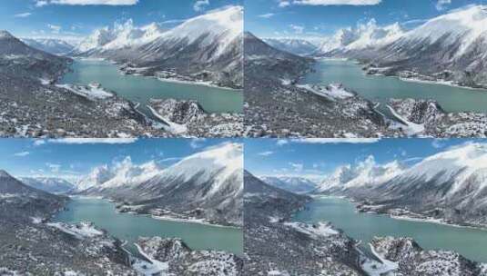 西藏昌都市八宿县然乌湖和雪山森林航拍风光高清在线视频素材下载