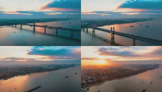 芜湖长江大桥一桥日出航拍延时摄影高清在线视频素材下载