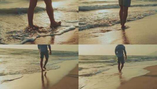 男子赤脚走在海边沙滩上高清在线视频素材下载