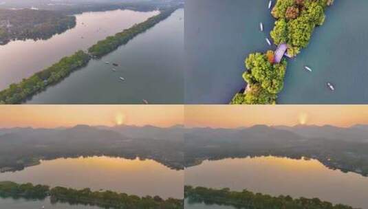 唯美夕阳西下杭州西湖美景大自然风光航拍杭高清在线视频素材下载