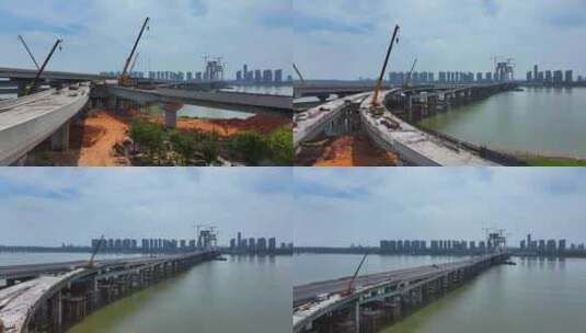 航拍建设中的南昌赣江洪州大桥高清在线视频素材下载