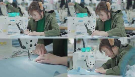 制衣厂女工缝纫工认真缝纫衬衣作业高清在线视频素材下载