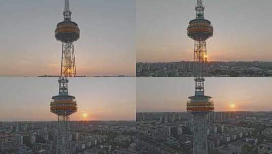 上海嘉定电视塔城市傍晚夕阳日落航拍高清在线视频素材下载