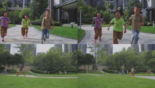 小孩草坪奔跑儿童节祖国未来城市宣传片高清在线视频素材下载