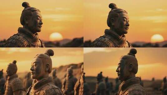 夕阳下的兵马俑特写高清在线视频素材下载