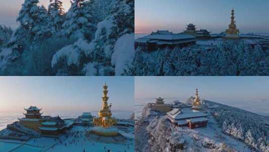 冬天峨眉山金顶航拍日出雪景合集自然美景高清在线视频素材下载