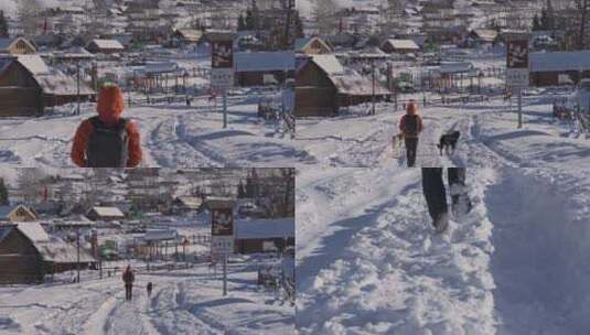男人走在新疆白哈巴村的雪地上高清在线视频素材下载
