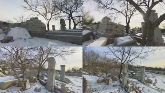 穿梭游览雪后北京圆明园高清在线视频素材下载