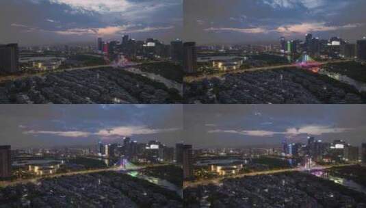 实拍延时航拍蓝调转夜义乌城市高清在线视频素材下载