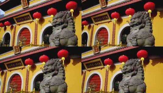 杭州上天竺法喜寺大门口的石狮子高清在线视频素材下载