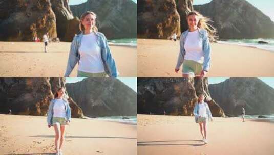 微笑的年轻女子在沙滩上跑步暑假高清在线视频素材下载