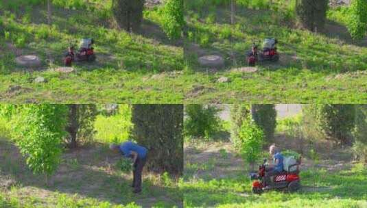 老年人骑三轮车割草高清在线视频素材下载