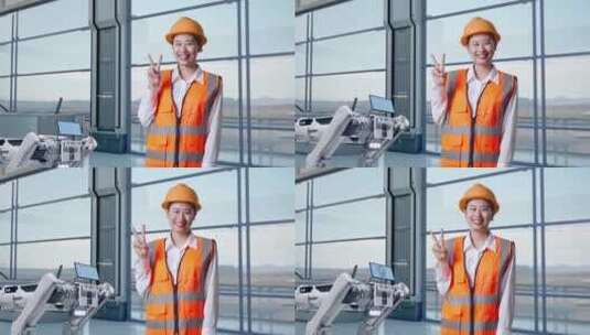 亚洲女工程师在高科技工厂微笑并展示和平手高清在线视频素材下载