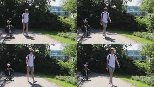 背包男孩在公园里步行高清在线视频素材下载