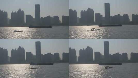 武汉江滩地拍长江江面对岸高楼大厦高清在线视频素材下载