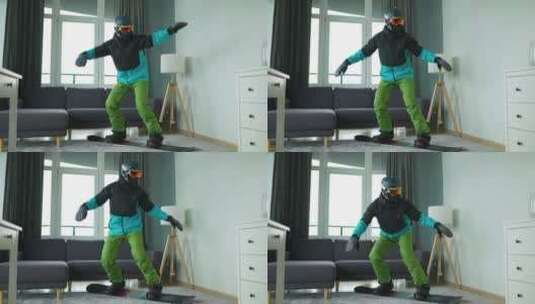 在家练习滑雪单板的男孩高清在线视频素材下载
