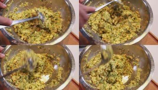 棒子面玉米面混合韭菜做糊饼高清在线视频素材下载