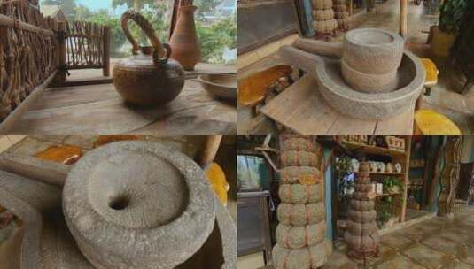 茶壶茶碗石磨普洱茶中国风老物件视频高清在线视频素材下载