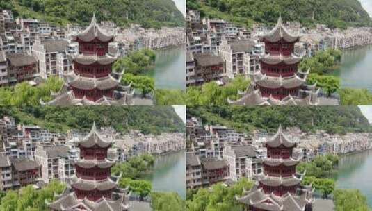 航拍镇远古镇，贵州，镇远镇江阁高清在线视频素材下载