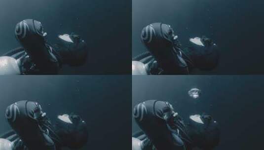 潜水员在海里吹气泡高清在线视频素材下载