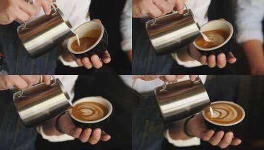 咖啡师制作咖啡拿铁艺术高清在线视频素材下载