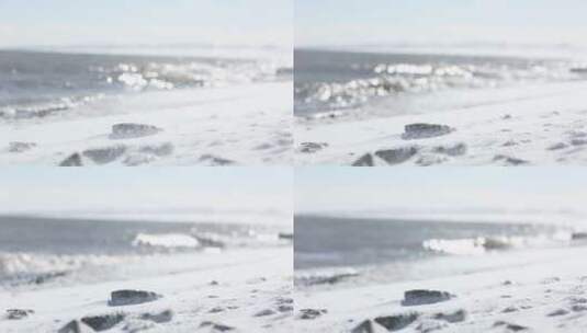 冬季青海湖边雪景 湖岸狂风吹雪 浪花 光影高清在线视频素材下载