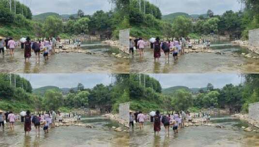 济南南部山区云河桥，野外山谷溪流玩水地高清在线视频素材下载