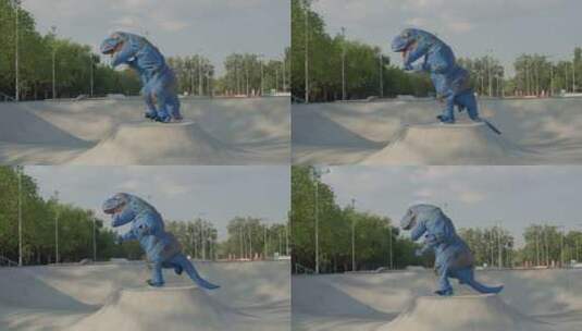 恐龙人偶在公园跳舞高清在线视频素材下载