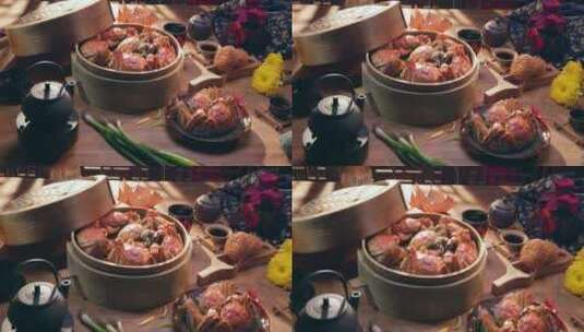 螃蟹蒸笼中的中秋节美食大闸蟹高清在线视频素材下载